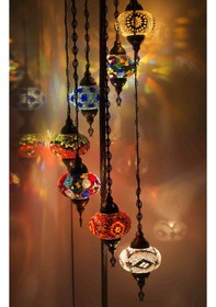 Resim Dekoratif Mozaik Lamba 7 li Lambader El Yapımı Köşe Lambası Renkli Avize v2 