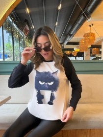 Resim Nova Bazaar Kadın Uzun Kollu Bisiklet Yaka Kedi Baskılı Şardonlu Dalgıç Bluz Beyaz 