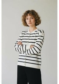 Resim Eren Style Triko Angora Cotton Çizgili Yünlü Uzun Kollu Hırka Beyaz 