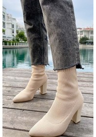 Resim Günlük Kadın Streç Triko Kalın Yüksek Topuklu Bot Bootie Çorap Şeritli Sivri Burun Ayakkabı 167 Bej 