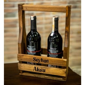 Resim BK Kişiye Özel Isimli Doğal Ahşap Bira ve Şarap Taşıyıcı Stand 