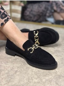 Resim Günlük Kadın Loafer Makosen Klasik Alçak Topuklu Desenli Taban Zincirli Oval Burunlu Ayakkabı 150 Siyah - Süet 
