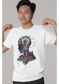 Resim Tasarım Stranger Things Dizi Baskılı Unisex Oversize Tişört Beyaz 
