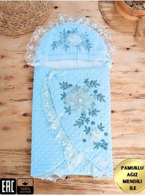 Resim Tomuycuk Dantelli & Duvaklı Mavi %100 Pamuk Yenidoğan Unisex Bebek Kundağı - Battaniyesi Mevlütlük 
