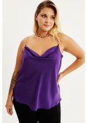 Resim Kadın Büyük Beden Saten Zincirli Degaje Yaka Bluz - Mor 