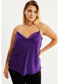 Resim Kadın Büyük Beden Saten Zincirli Degaje Yaka Bluz - Mor 
