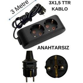 Resim Avarson 2'li İkili Priz Topraklı Kablolu Siyah 3x1,5 Ttr 3 Üç Metre 