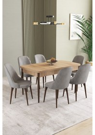Resim Ikon Meşe Desen 80x132 Mdf Açılabilir Yemek Masası Takımı 6 Adet Sandalye Gri 