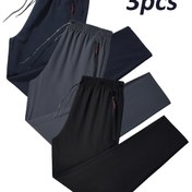 Resim 3'lü Erkek Atletik Jogger Pantolon - Nefes Alabilir, Rahat Koşu & Fitness Pantolonları Fermuar Detaylı, Lacivert, Siyah, Koyu Gri, Elastik Bel, Polyester Kumaş İlkbahar/Yaz Sporları İçin 