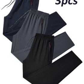 Resim 3'lü Erkek Atletik Jogger Pantolon - Nefes Alabilir, Rahat Koşu & Fitness Pantolonları Fermuar Detaylı, Lacivert, Siyah, Koyu Gri, Elastik Bel, Polyester Kumaş İlkbahar/Yaz Sporları İçin 