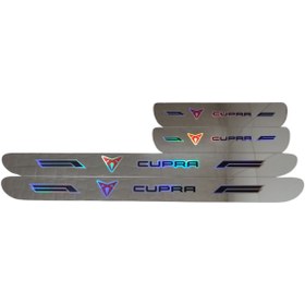 Resim Rukye Shop Cupra Hologram Logolu Araca Özel Marka Logolu Aynalı Kapı Eşiği Koruyucu Yapıştırma 4'lü Set 