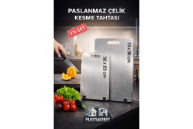 Resim Feyza Design Büyük Boy Paslanmaz Çelik Kesme Tahtası 2'li Set, Dayanıklı ve Şık Mutfak Aksesuarı 