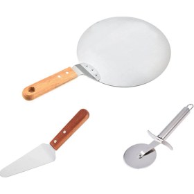 Resim Geeksen 430 Paslanmaz Çelik Pizza Seti: Ahşap Kollü Taşıyıcı, Tek Tekerlekli Kesici Ve Kürdan Anti-koroz, Yemek Dereceli, Fırın Uygun 
