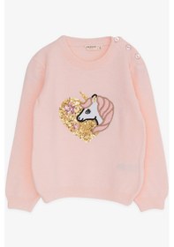Resim Breeze Kız Çocuk Triko Kazak Pullu Unicorn Baskılı 1.5-5 Yaş, Pudra 