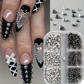 Resim Siyah ve Gümüş Renginde Şık Çivili Bir Dizi Punk Konik Çivi Mücevheri, 1.5 ila 3.5Mm Aralığında, DIY Tırnak Sanatı Süslemeleri için Mükemmel. 