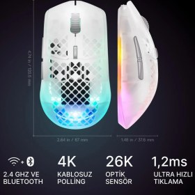 Resim Steelseries Aerox 3 Wireless Gen 2 - Ghost 4K Kablosuz Gaming Mouse 