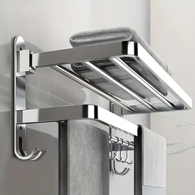 Resim Paslanmaz Çelik Banyo Havlu Askısı, Kancalı Katlanabilir Duş Odası Havlu Barı, Mutfak ve Otel Banyosu için Duvara Monte Edilebilen Banyo Depolama Rafı (Gümüş), Havlular 