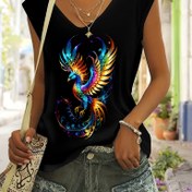 Resim Kadınlar için V Yaka T-Shirt, Renkli Anka Kuşu Baskılı, Rahat Örgü Polyester Karışımı ( %95 Polyester, %5 Elastan ), Normal Uzunluk, Tüm Sezon Modası Üst 