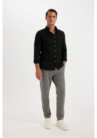 Resim DeFacto Slim Fit Dar Kesim Düğmeli Dokulu Düz Pamuk Karışımlı Uzun Kollu Siyah Gömlek T2066AZ24AUBK81 