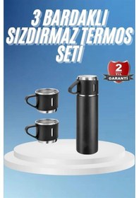 Resim Termos Paslanmaz Çelik Termos Siyah Renk 3 Bardaklı Termos Seti Renkli 