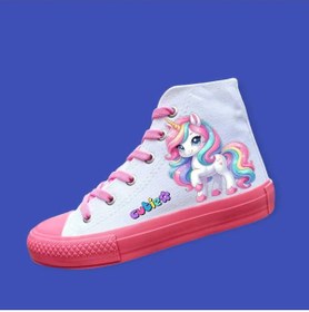 Resim archiepet pembe bağcıklı pembe taban unicorn baskılı keten çocuk spor convers ayakkabı 