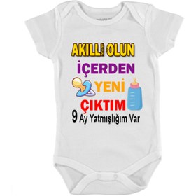 Resim HediyeMania Akıllı Olun Içerden Yeni Çıktım Baskılı Bebek Zıbın Çıtçıtlı Pamuklu Body 