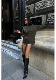 Resim WeShaya Kadın Haki Taşlı Pamuk Oversize Sweatshirt Haki 