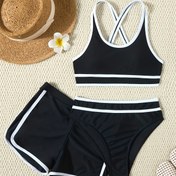 Resim 13Y-16Y Genç Üç Parça Bikini Seti - Çapraz Sırt Askıları ve Yan Yırtma - Plaj, Havuz ve Yaz Mayo için Yüksek Esneklikli Sıkı Uyum - Mayo, Plaj Giyim Temelleri, Havuz Kenarı Giyim, Spor Mayo, Rahat Mayo, Gençler İçin, Gençler İçin 