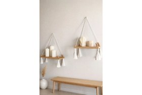 Resim Vobu Home & Life Design Makrome Askılı Masif Ahşap Duvar Rafı - Bohem Minimal Dekoratif Raf, Pinterest Tarzı Dekoratif ve Toparlayıcı Duvar Rafı, Banyo ve Mutfak Rafı 