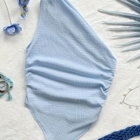 Resim Kadınların Tek Omuzlu Asimetrik Üstü - Düz Renkli Dokulu Kumaş, Buruşuk Tasarım, Yeşil, Tüm Mevsimler İçin Rahat Şık Stil, Çok Yönlü Moda | Buruşuk Dokulu Üst | Polyester Karışımı 