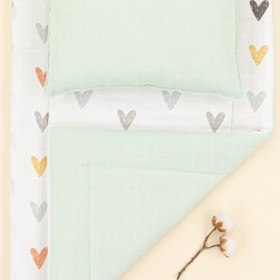 Resim Alt Açma Matı ve Yastık - Çift Taraflı - Su Yeşili Muslin - Kalpler 