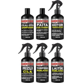 Resim Mertox Otomobil Araç Araba Oto Temizlik Seti Oto Şampuanı+Pasta+Motor+Hızlı Cila+Torpido+Lastik 6X500ML 