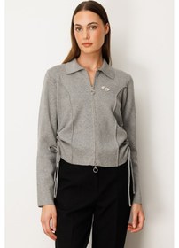 Resim On Kadın Yanları Büzgü Detaylı Fermuarlı Hırka 63923 Gri Gri 