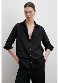 Resim V Yaka Pamuk Gömlek Siyah Siyah 