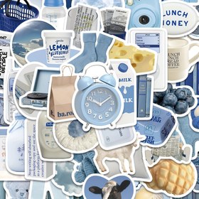 Resim 50 Adet Mavi & Pastel Kawaii Sticker Kitabı - Sevimli Süt ve Çiftlik Hayvanları PVC Yapışkanlı Etiketler, Sütlü Paket, İçerik Metni, Şekilsiz Tasarım Scrapbooking, Laptop, Telefon, Günlük Dekorasyonu İçin (Parlak Olmayan, Kolay Ayrılabilir) 