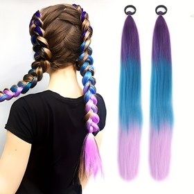 Resim 66.04 cm Gökkuşağı Sentetik Örgülü Saç Uzantıları - Parlayan Kıvrımlı Saç, Canlı Gradyan Renkler (Pembe, Mavi, Mor), Kadınlar İçin Kolay Klipsli, Parti ve Günlük Kıyafetler İçin Çok Yönlü Saç Parçası, Parti Saç Parçası, Gradyan Renkli Saç, Kolay Klipsli Saç 