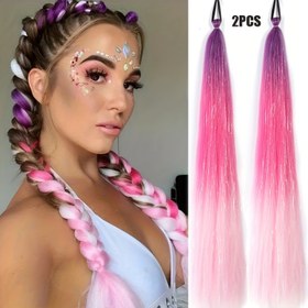 Resim Kadınlar için Ombre At Kuyruğu Saç Ekleri, 2 Paket Sentetik Düz Örgü Saç, Simli, Elastik Bant Jumbo Örgü At Kuyruğu Tüm Durumlar İçin, 26 İnç 