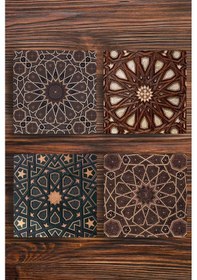 Resim Doğal Taş Bardak Altlığı 4'lü Set - Selçuklu Desenleri Çok Renkli 