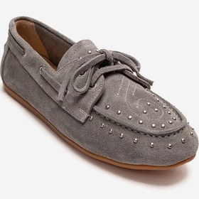 Resim Luvishoes Cuesta Gri Süet Hakiki Deri Troklu Bağcıklı Kadın Loafer Ayakkabı 
