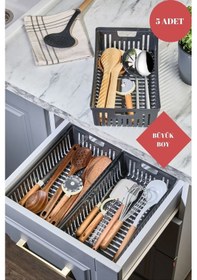 Resim Büyük Boy Antrasit 5'li Set Modüler Kaşıklık Ve Kepçelik Çekmece Içi Düzenleyici Mutfak Organizer Antrasit - Gri 