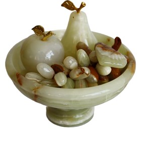 Resim Doğal Oniks Taş Meyve Seti – 6 İnç Ayaklı Çanak, El Yapımı Armut-Elma-Üzüm Dekor, Beyaz & Kahve Desenli - kahve 