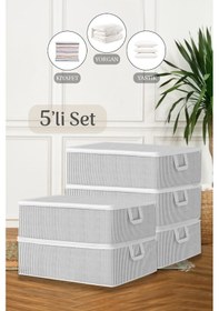 Resim 5'li Çekyat Baza Tipi Yastık Kıyafet Saklama Hurcu - Baza Altı Düzenleyici Hurç 50 X 30 X 22 Cm Gri 