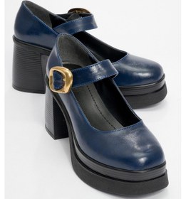 Resim Ashes Laci Cilt Gold Tokalı Kadın Platform Topuklu Ayakkabı Lacivert 