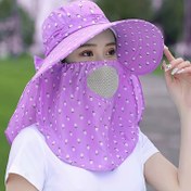Resim Kadın Mor Çiçekli Geniş Kenar Güneş Şapkası ile Yüz Maskesi - Hafif, Nefes Alabilir, Koruma, Elastik Uygunluk Açık Hava Aktiviteleri, Bisiklet ve Seyahat, Tatil Temalı Tasarım, Güneş Koruma Giyim | Geniş Kenar Şapka | Hafif Ha 