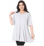 Resim Kadın Büyük Beden Gri Önü A Pileli V Yakalı Uzun Bluz 65n38114-gri Gri 