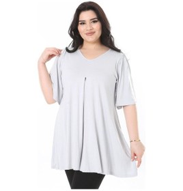Resim Kadın Büyük Beden Gri Önü A Pileli V Yakalı Uzun Bluz 65n38114-gri Gri 