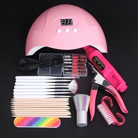 Resim Manicure tools, including pink phototherapy lamp, electric grinder, nail clippers, various manicure brushes, wooden sticks, sand strips, cleaning brush, etc. The phototherapy lamp is used for quick curing of gel nails and is commonly used in the process of manicuring. Equipment; Electric grinders can shape and polish the surface of nails; Nail scissors are used to trim the length of nails; Manicure brushes are used to apply nail polish, gradient dyeing, etc 