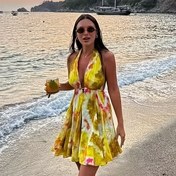 Resim Kadınlar için Trendy V-Neck Jakar Elbise - Seksi Kolsuz Volanlı Etek Yaz ve İlkbahar Modası, Canlı Bağcıklı Desen, Plaj ve Rahat Gezintiler için Mükemmel, Plaj Giyim Elbisesi | Vneck Elbise | Volanlı Etek Elbise, Plaj Elbisesi 