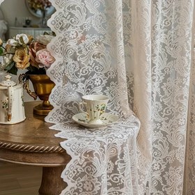 Resim Şık Fransız Vintage Dantel Şeffaf Perdeler - Yarı Şeffaf, Matkap Gerektirmeyen Kurulum, Yatak Odası, Oturma Odası ve Bölümlü Alanlar İçin Çiçekli Feni Kuyruk Tasarımı ile Kalın Polyester Kumaş, Oturma Odası İçin Perdeler 