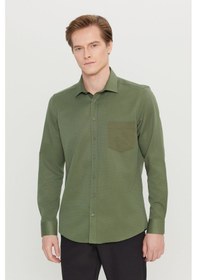 Resim AC&Co / Altınyıldız Classics Erkek Hakı Pamuklu Tailored Slim Fit Dar Kesim Klasik Yaka Armürlü Cepli Gömlek Haki 